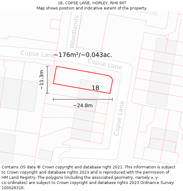 18, COPSE LANE, HORLEY, RH6 9XT: Plot and title map