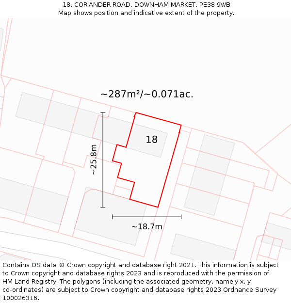 18, CORIANDER ROAD, DOWNHAM MARKET, PE38 9WB: Plot and title map