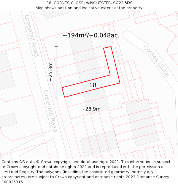 18, CORNES CLOSE, WINCHESTER, SO22 5DS: Plot and title map