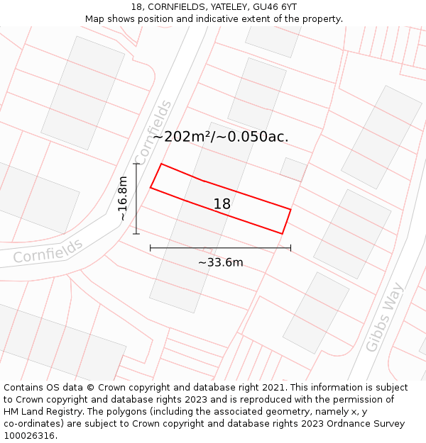 18, CORNFIELDS, YATELEY, GU46 6YT: Plot and title map