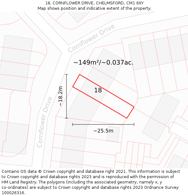 18, CORNFLOWER DRIVE, CHELMSFORD, CM1 6XY: Plot and title map