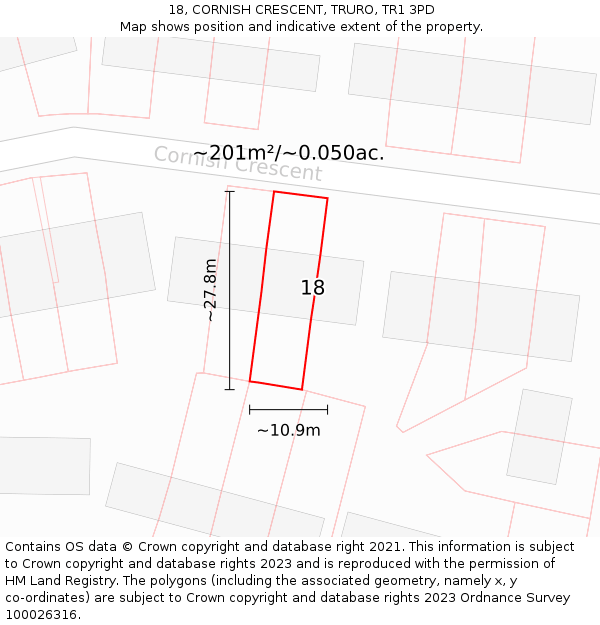 18, CORNISH CRESCENT, TRURO, TR1 3PD: Plot and title map