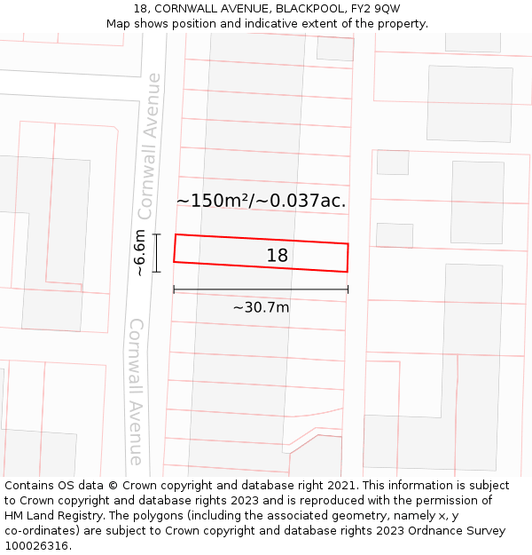 18, CORNWALL AVENUE, BLACKPOOL, FY2 9QW: Plot and title map
