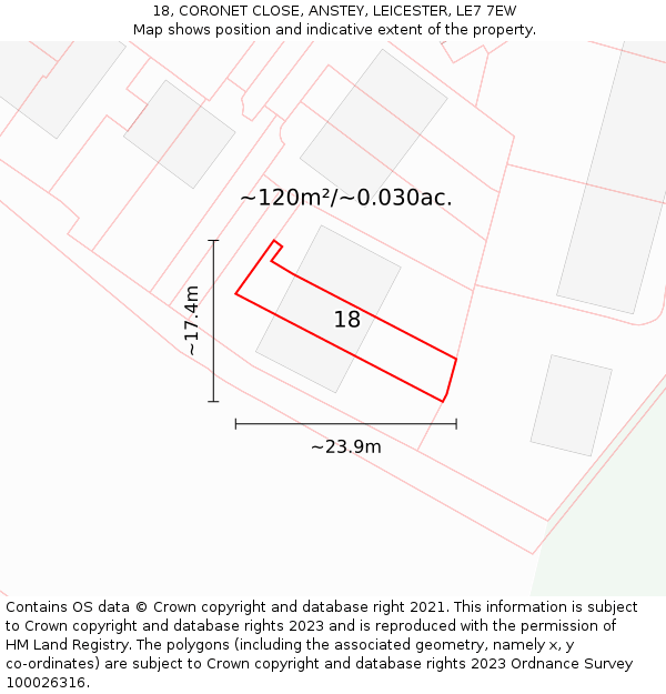 18, CORONET CLOSE, ANSTEY, LEICESTER, LE7 7EW: Plot and title map