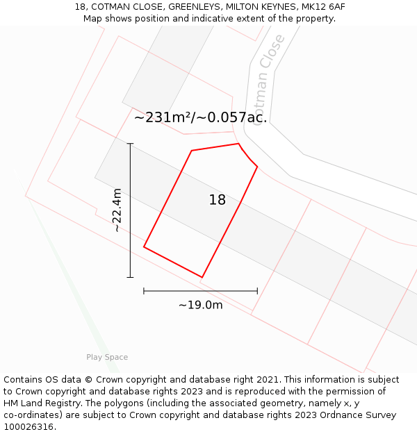 18, COTMAN CLOSE, GREENLEYS, MILTON KEYNES, MK12 6AF: Plot and title map