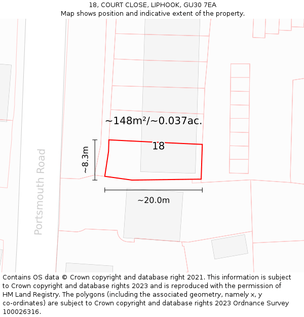 18, COURT CLOSE, LIPHOOK, GU30 7EA: Plot and title map
