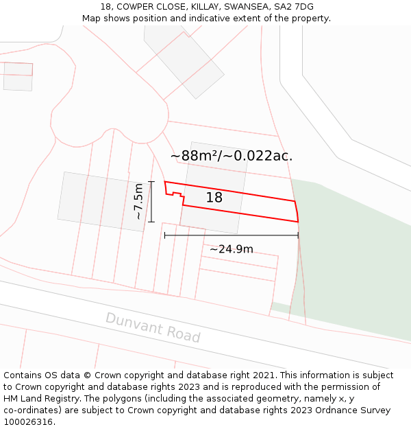 18, COWPER CLOSE, KILLAY, SWANSEA, SA2 7DG: Plot and title map