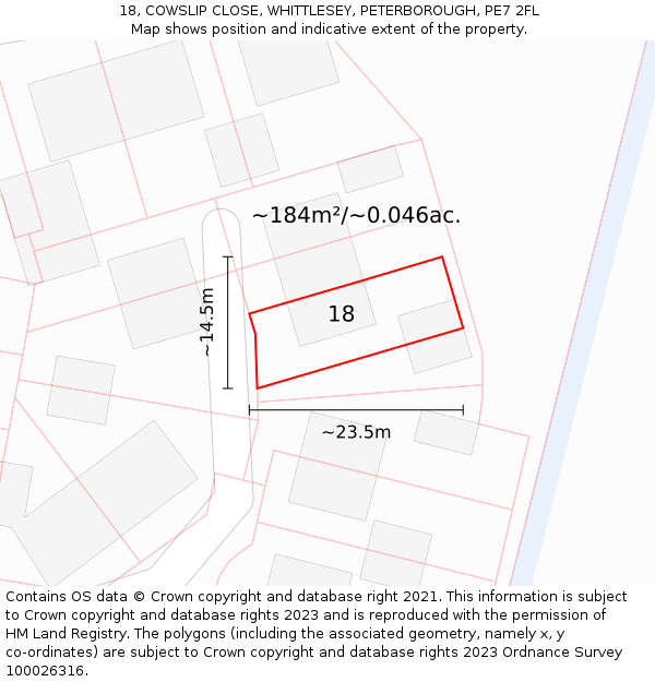 18, COWSLIP CLOSE, WHITTLESEY, PETERBOROUGH, PE7 2FL: Plot and title map