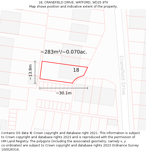 18, CRANEFIELD DRIVE, WATFORD, WD25 9TX: Plot and title map