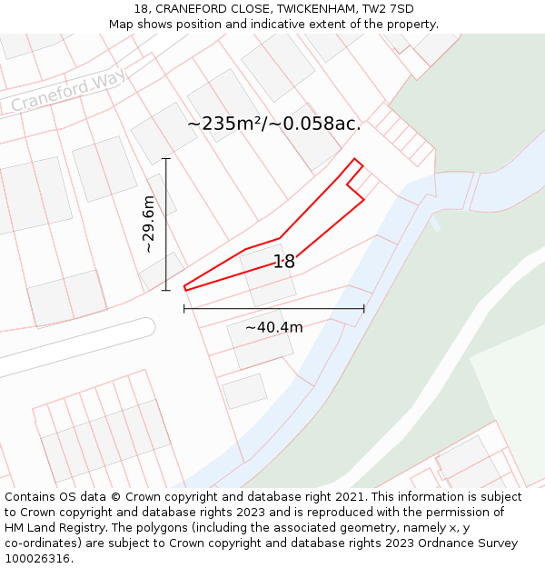 18, CRANEFORD CLOSE, TWICKENHAM, TW2 7SD: Plot and title map