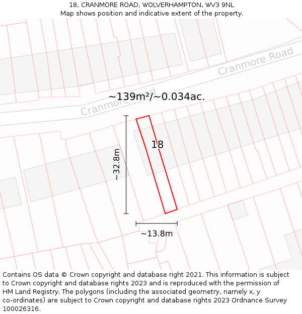 18, CRANMORE ROAD, WOLVERHAMPTON, WV3 9NL: Plot and title map