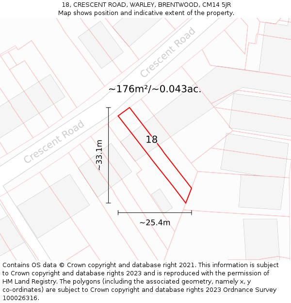 18, CRESCENT ROAD, WARLEY, BRENTWOOD, CM14 5JR: Plot and title map