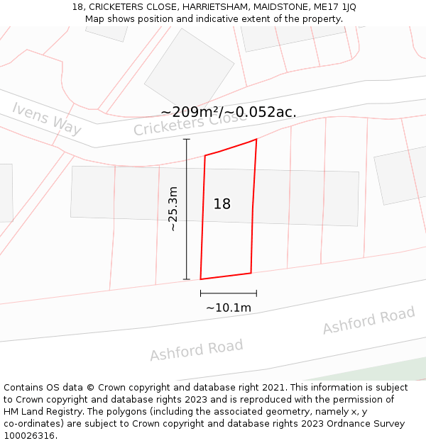 18, CRICKETERS CLOSE, HARRIETSHAM, MAIDSTONE, ME17 1JQ: Plot and title map