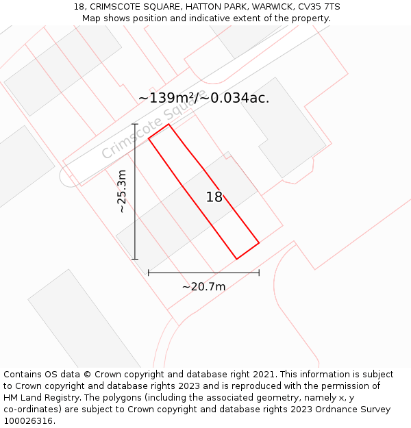 18, CRIMSCOTE SQUARE, HATTON PARK, WARWICK, CV35 7TS: Plot and title map