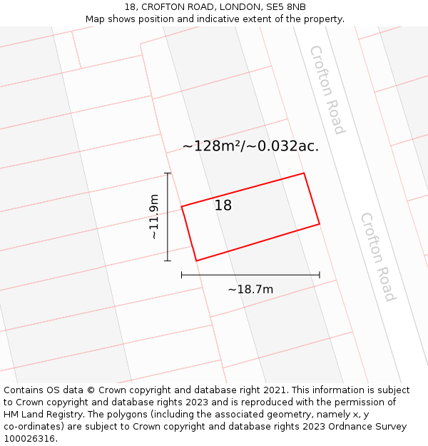 18, CROFTON ROAD, LONDON, SE5 8NB: Plot and title map
