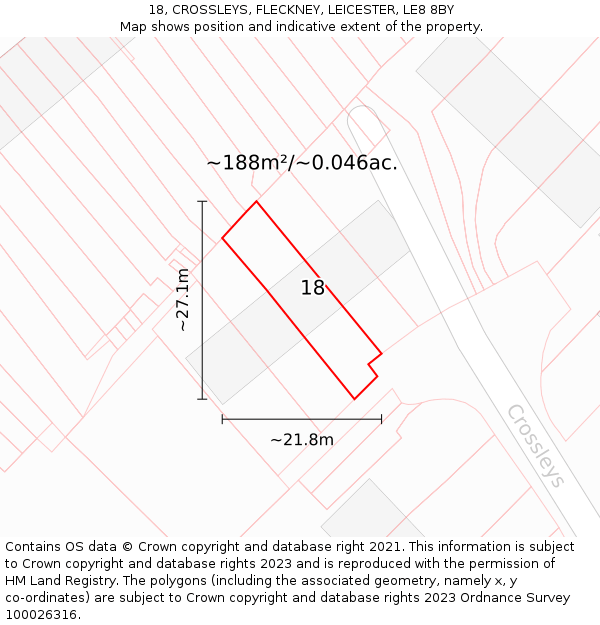18, CROSSLEYS, FLECKNEY, LEICESTER, LE8 8BY: Plot and title map
