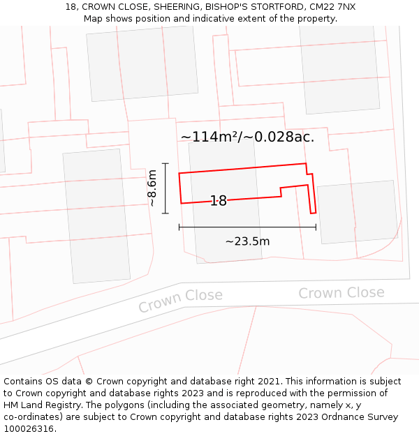 18, CROWN CLOSE, SHEERING, BISHOP'S STORTFORD, CM22 7NX: Plot and title map