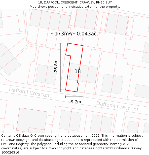 18, DAFFODIL CRESCENT, CRAWLEY, RH10 3UY: Plot and title map