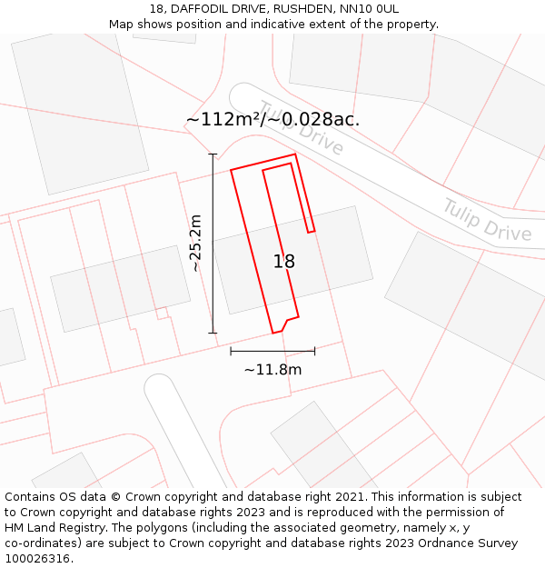 18, DAFFODIL DRIVE, RUSHDEN, NN10 0UL: Plot and title map