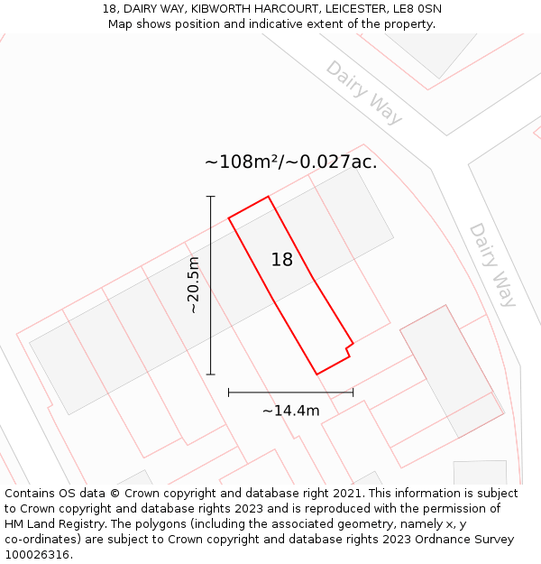 18, DAIRY WAY, KIBWORTH HARCOURT, LEICESTER, LE8 0SN: Plot and title map