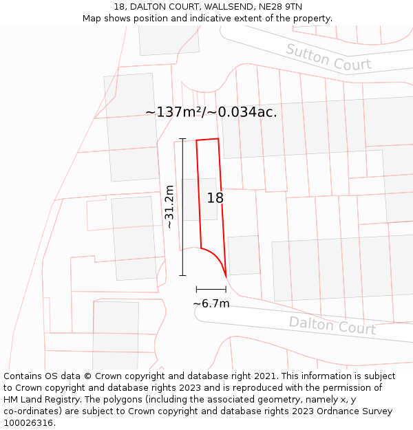 18, DALTON COURT, WALLSEND, NE28 9TN: Plot and title map