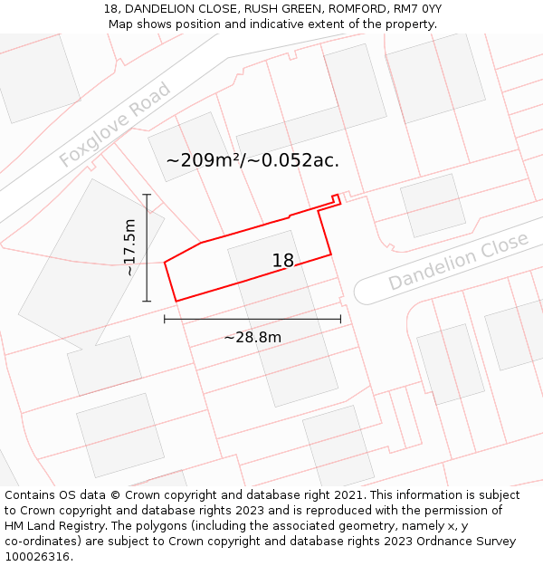 18, DANDELION CLOSE, RUSH GREEN, ROMFORD, RM7 0YY: Plot and title map