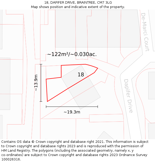 18, DAPIFER DRIVE, BRAINTREE, CM7 3LG: Plot and title map