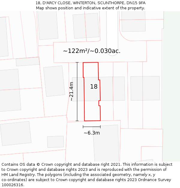 18, D'ARCY CLOSE, WINTERTON, SCUNTHORPE, DN15 9FA: Plot and title map