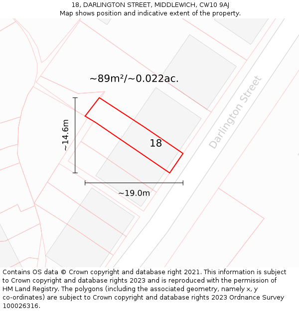 18, DARLINGTON STREET, MIDDLEWICH, CW10 9AJ: Plot and title map