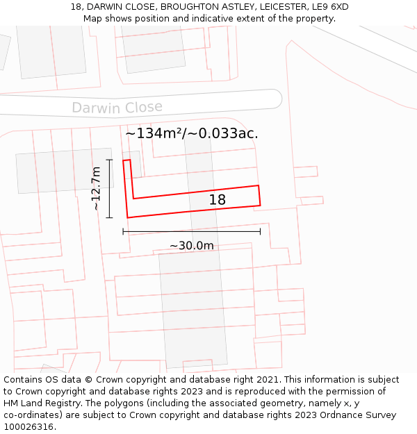 18, DARWIN CLOSE, BROUGHTON ASTLEY, LEICESTER, LE9 6XD: Plot and title map
