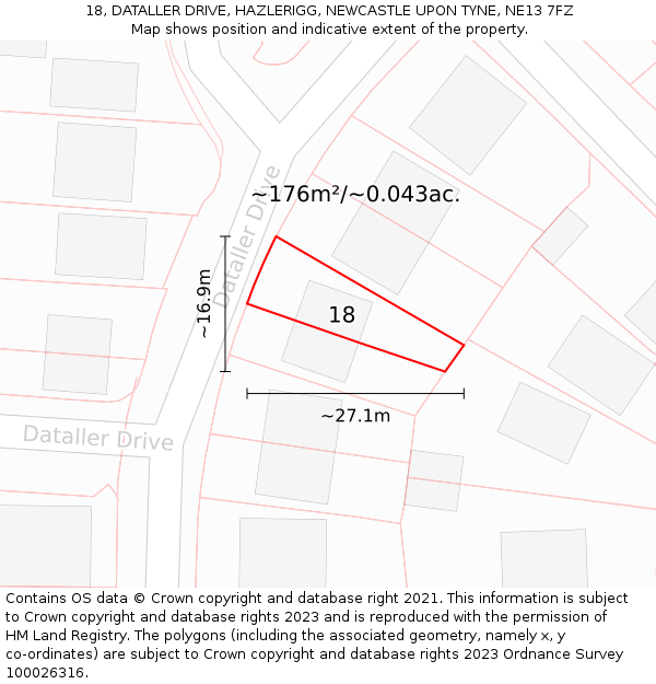 18, DATALLER DRIVE, HAZLERIGG, NEWCASTLE UPON TYNE, NE13 7FZ: Plot and title map