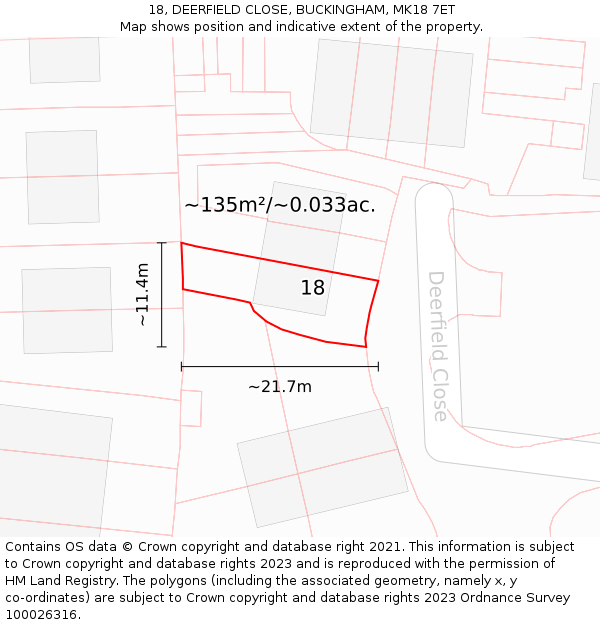18, DEERFIELD CLOSE, BUCKINGHAM, MK18 7ET: Plot and title map