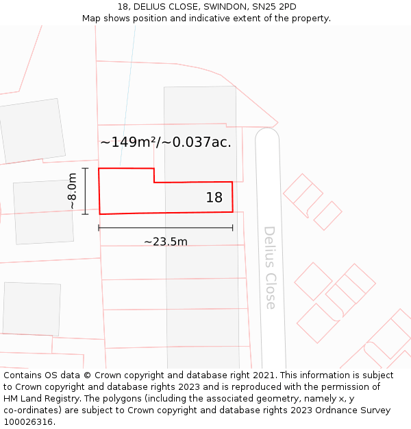18, DELIUS CLOSE, SWINDON, SN25 2PD: Plot and title map