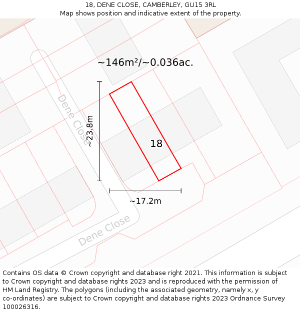 18, DENE CLOSE, CAMBERLEY, GU15 3RL: Plot and title map