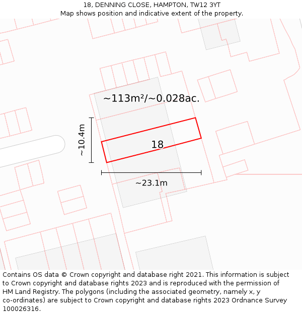 18, DENNING CLOSE, HAMPTON, TW12 3YT: Plot and title map