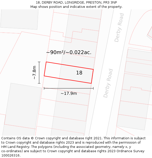18, DERBY ROAD, LONGRIDGE, PRESTON, PR3 3NP: Plot and title map