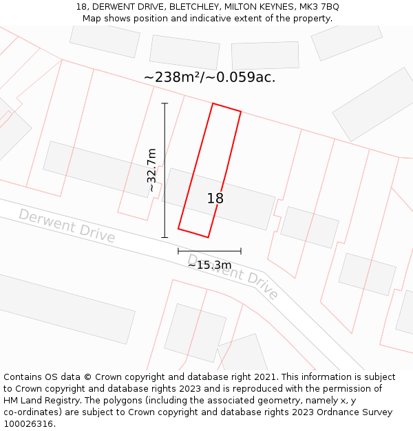 18, DERWENT DRIVE, BLETCHLEY, MILTON KEYNES, MK3 7BQ: Plot and title map