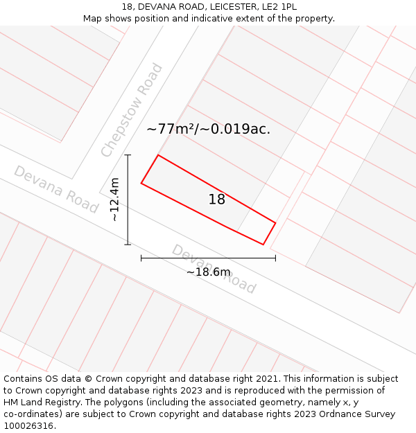 18, DEVANA ROAD, LEICESTER, LE2 1PL: Plot and title map