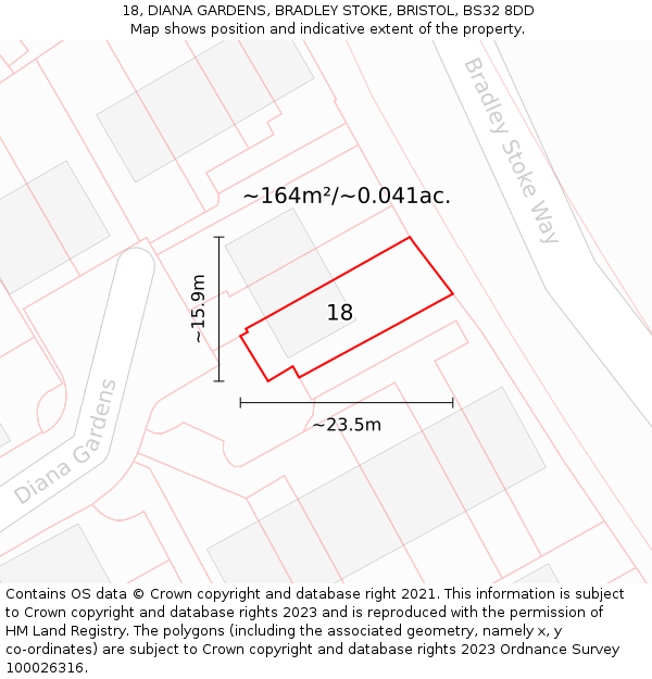 18, DIANA GARDENS, BRADLEY STOKE, BRISTOL, BS32 8DD: Plot and title map