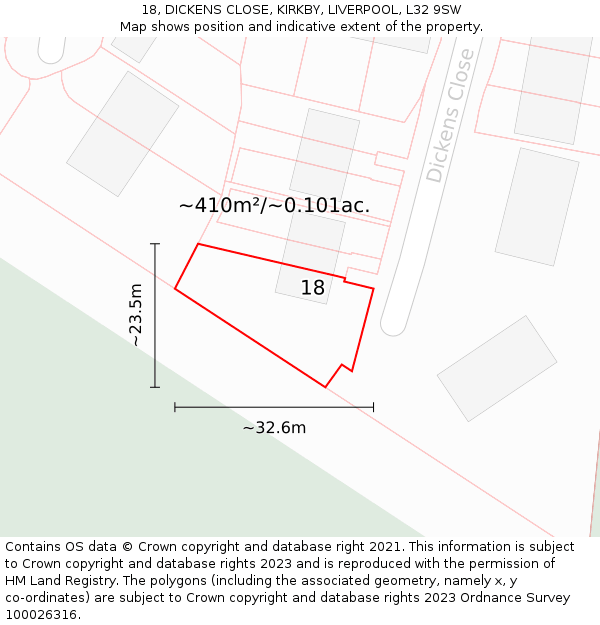 18, DICKENS CLOSE, KIRKBY, LIVERPOOL, L32 9SW: Plot and title map