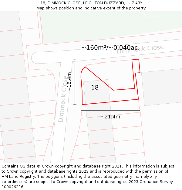 18, DIMMOCK CLOSE, LEIGHTON BUZZARD, LU7 4RY: Plot and title map