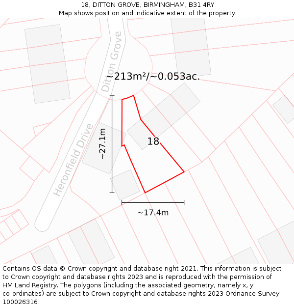 18, DITTON GROVE, BIRMINGHAM, B31 4RY: Plot and title map