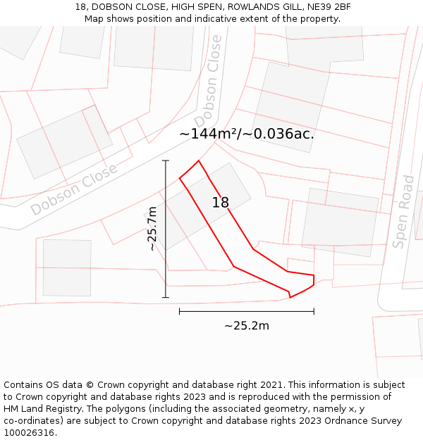 18, DOBSON CLOSE, HIGH SPEN, ROWLANDS GILL, NE39 2BF: Plot and title map