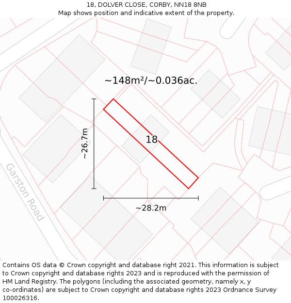 18, DOLVER CLOSE, CORBY, NN18 8NB: Plot and title map