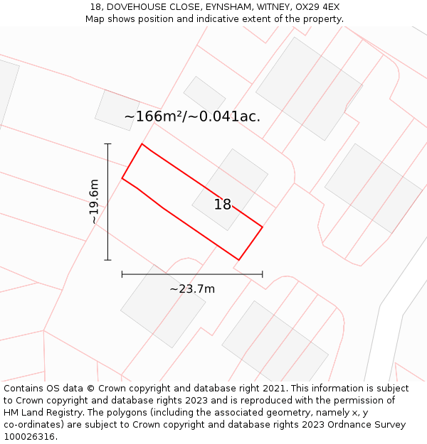 18, DOVEHOUSE CLOSE, EYNSHAM, WITNEY, OX29 4EX: Plot and title map