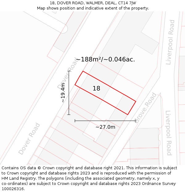 18, DOVER ROAD, WALMER, DEAL, CT14 7JW: Plot and title map