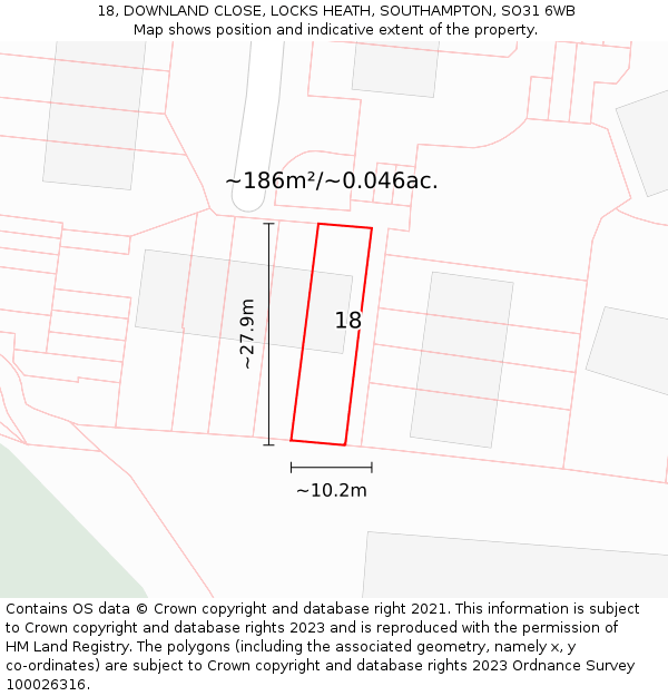 18, DOWNLAND CLOSE, LOCKS HEATH, SOUTHAMPTON, SO31 6WB: Plot and title map