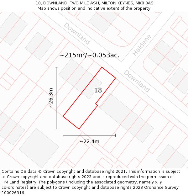 18, DOWNLAND, TWO MILE ASH, MILTON KEYNES, MK8 8AS: Plot and title map