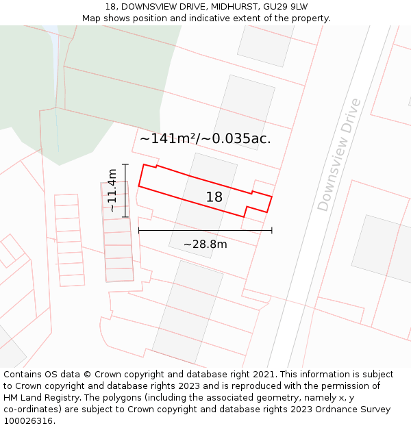 18, DOWNSVIEW DRIVE, MIDHURST, GU29 9LW: Plot and title map