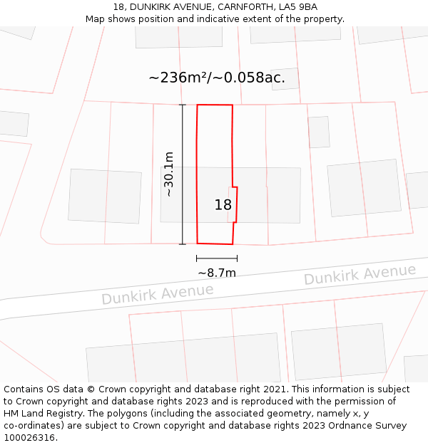 18, DUNKIRK AVENUE, CARNFORTH, LA5 9BA: Plot and title map